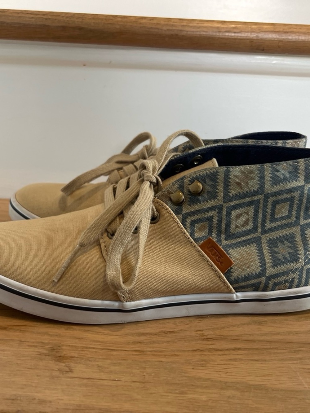 Vans Two-Tone Tan and Blue Patterned Mid-Top Sneakers